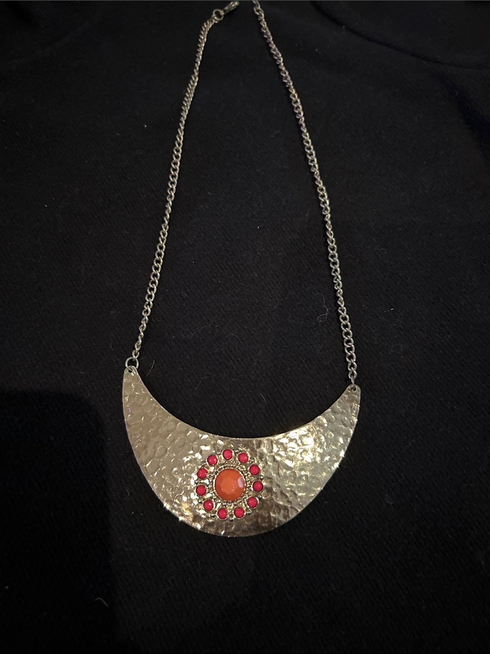 Boho Silver Crescent Necklace with Pink Accent